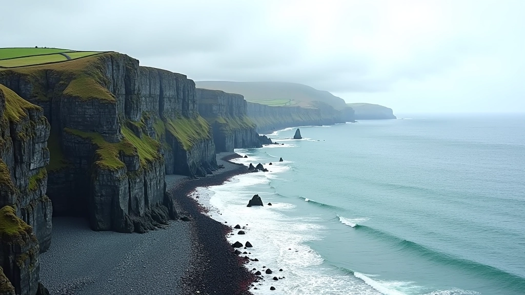 Rugged coastal cliffs along the Wild Atlantic Way with crashing waves below