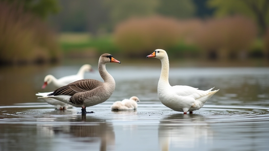 Flock of white and grey geese at a wetland reserve during migration season