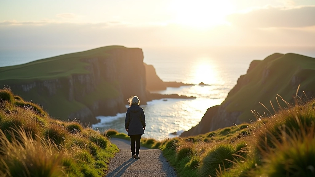 Dramatic coastal cliff walk along Wild Atlantic Way with ocean views and rugged Irish coastline